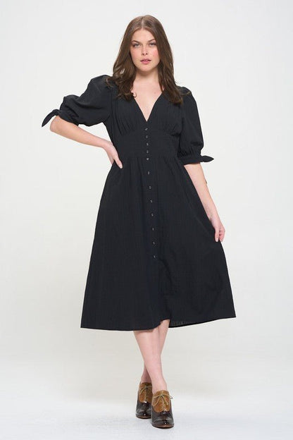 Puff Sleeve Button Down Midi Dress – Vintage Charm - -
