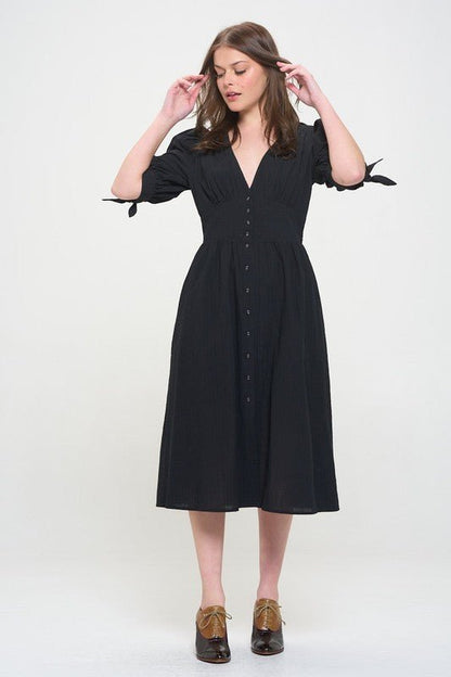 Puff Sleeve Button Down Midi Dress – Vintage Charm - -