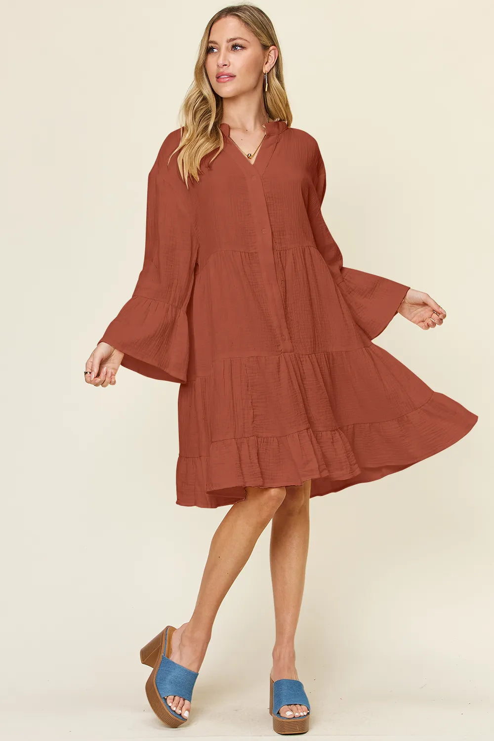 Double Take Full Size Texture Button Up Ruffle Hem Dress - -