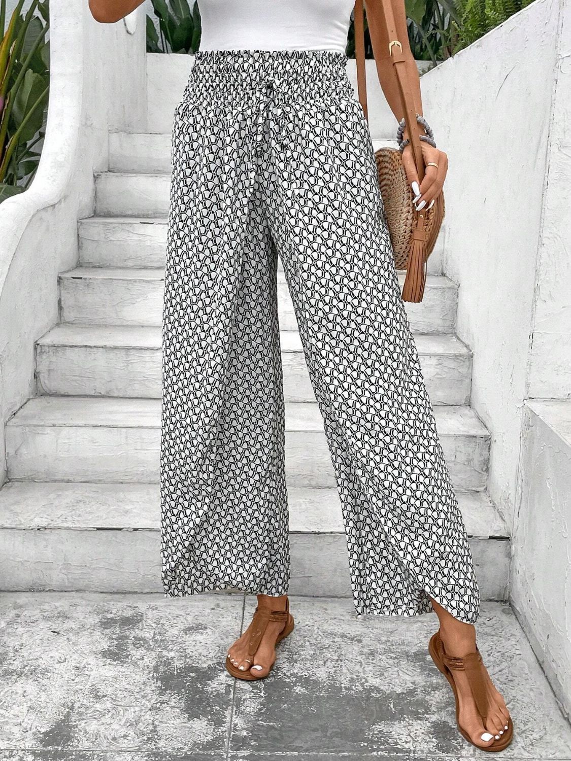 Tied Printed Wide Leg Pants - -