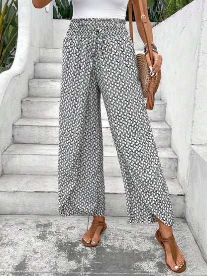Tied Printed Wide Leg Pants - -