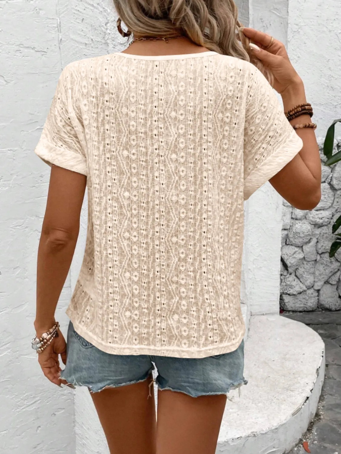 Eyelet Round Neck Short Sleeve Top - -