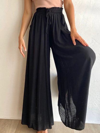 Wide-Leg High Waist Pants – Lightweight, Flowy Fit with Pockets - -
