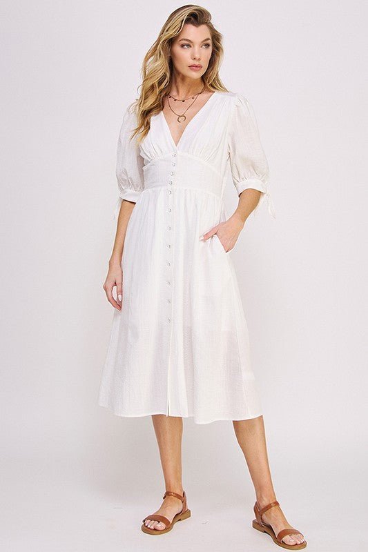 Puff Sleeve Button Down Midi Dress – Vintage Charm - OFF WHITE -