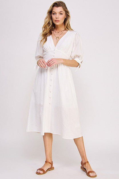 Puff Sleeve Button Down Midi Dress – Vintage Charm - -