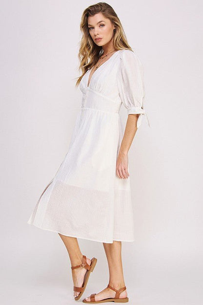 Puff Sleeve Button Down Midi Dress – Vintage Charm - -