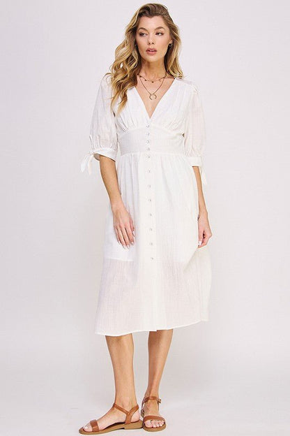 Puff Sleeve Button Down Midi Dress – Vintage Charm - -