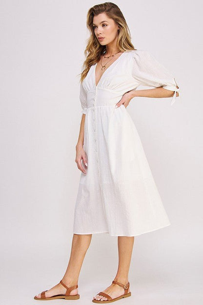 Puff Sleeve Button Down Midi Dress – Vintage Charm - -