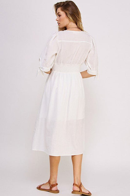 Puff Sleeve Button Down Midi Dress – Vintage Charm - -