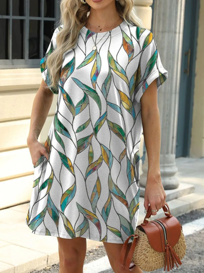 Printed Mini Dress – Pretty Round Neck Summer Chique - -