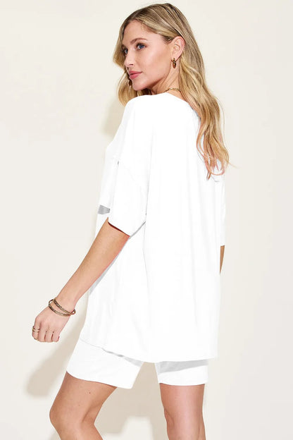 Basic Bae Bamboo Full Size V-Neck Drop Shoulder T-Shirt and Shorts Set - -