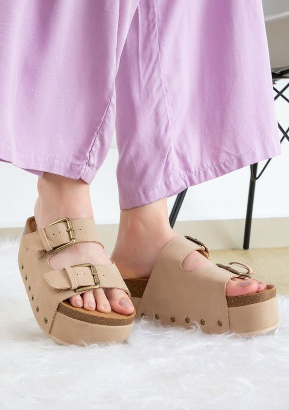 NINA DOUBLE BUCKLE BANDS COMFORTABLE FLATFORM - Taupe -