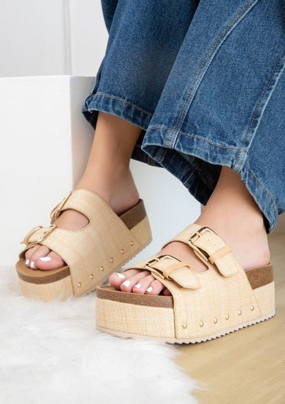 NINA DOUBLE BUCKLE BANDS COMFORTABLE FLATFORM - Natural Raffia -