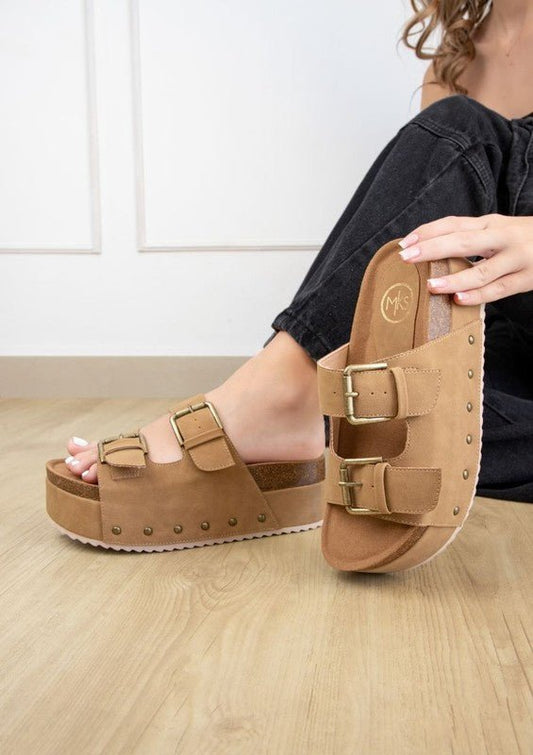 NINA DOUBLE BUCKLE BANDS COMFORTABLE FLATFORM - Mocha -