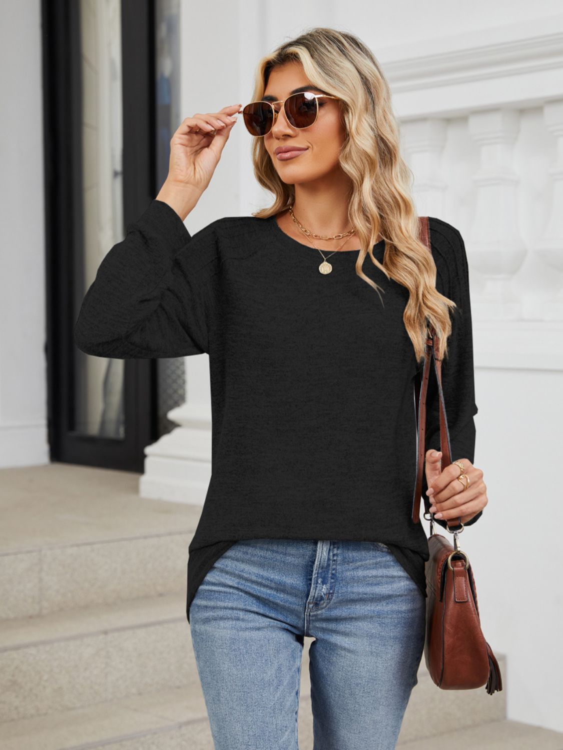 Round Neck Long Sleeve T-Shirt - -
