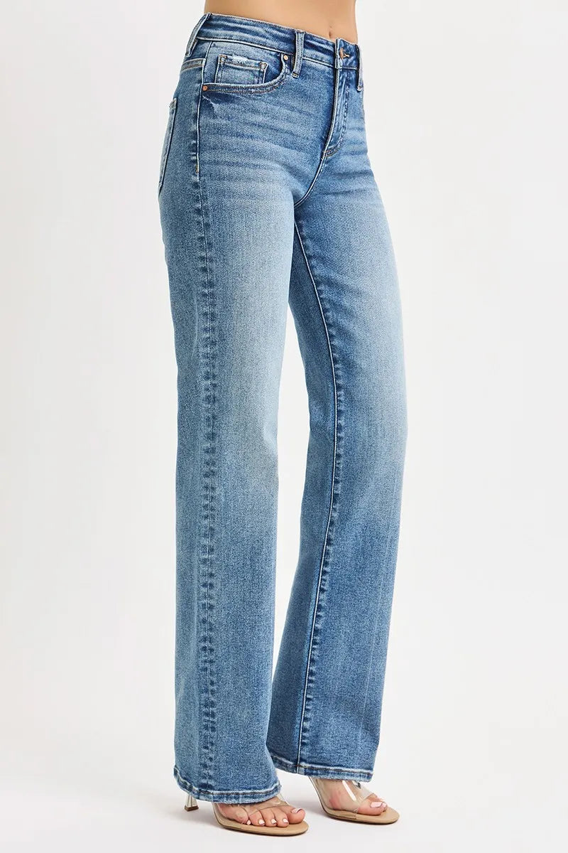 High-Rise Straight Jeans in light blue denim with a faded wash detail.