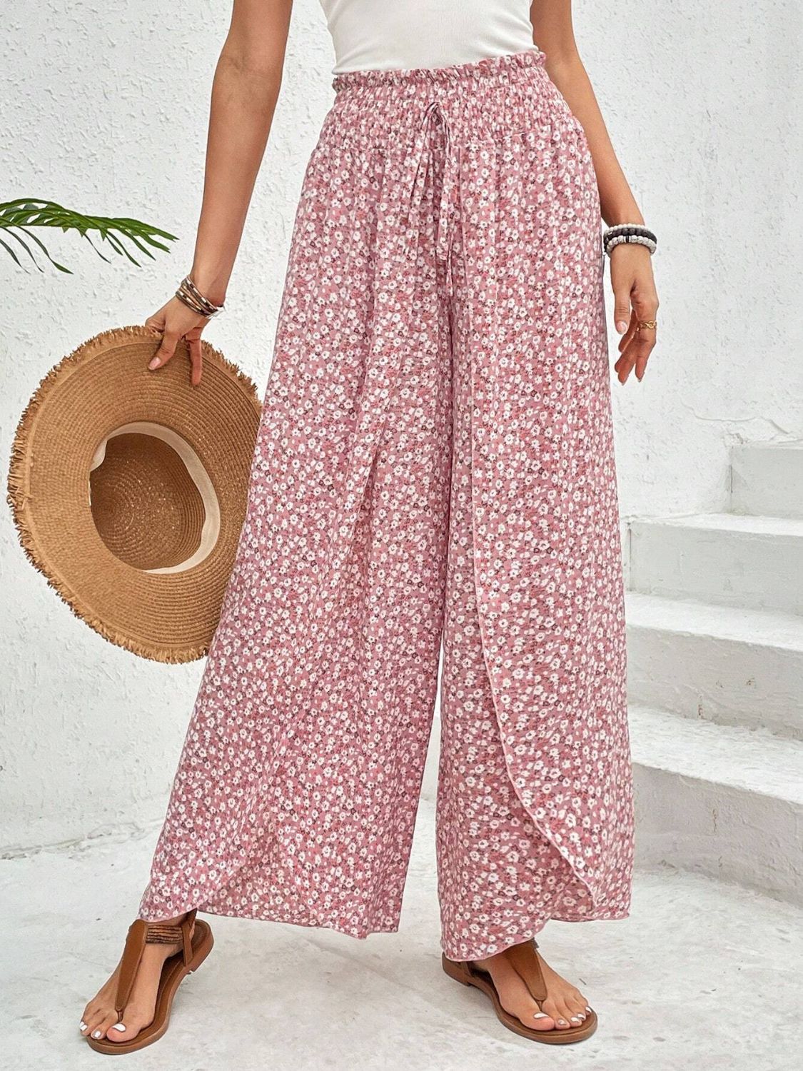 Tied Printed Wide Leg Pants - Blush Pink -