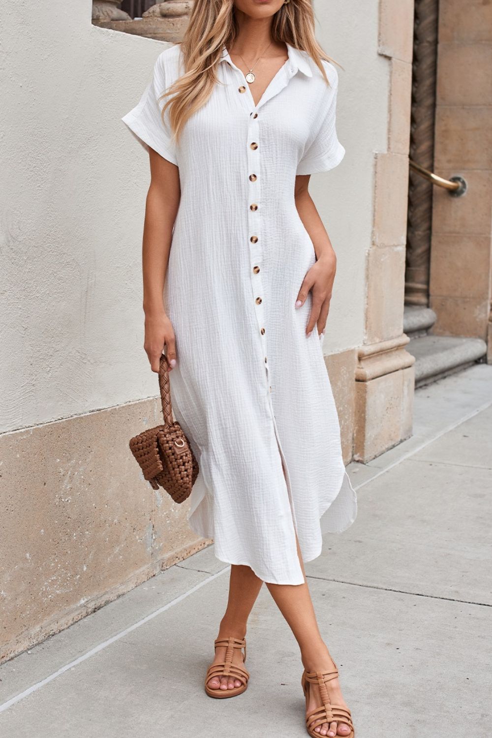 Button Down Short Sleeve Midi Shirt Dress - -