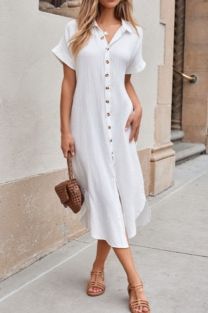 Button Down Short Sleeve Midi Shirt Dress - -