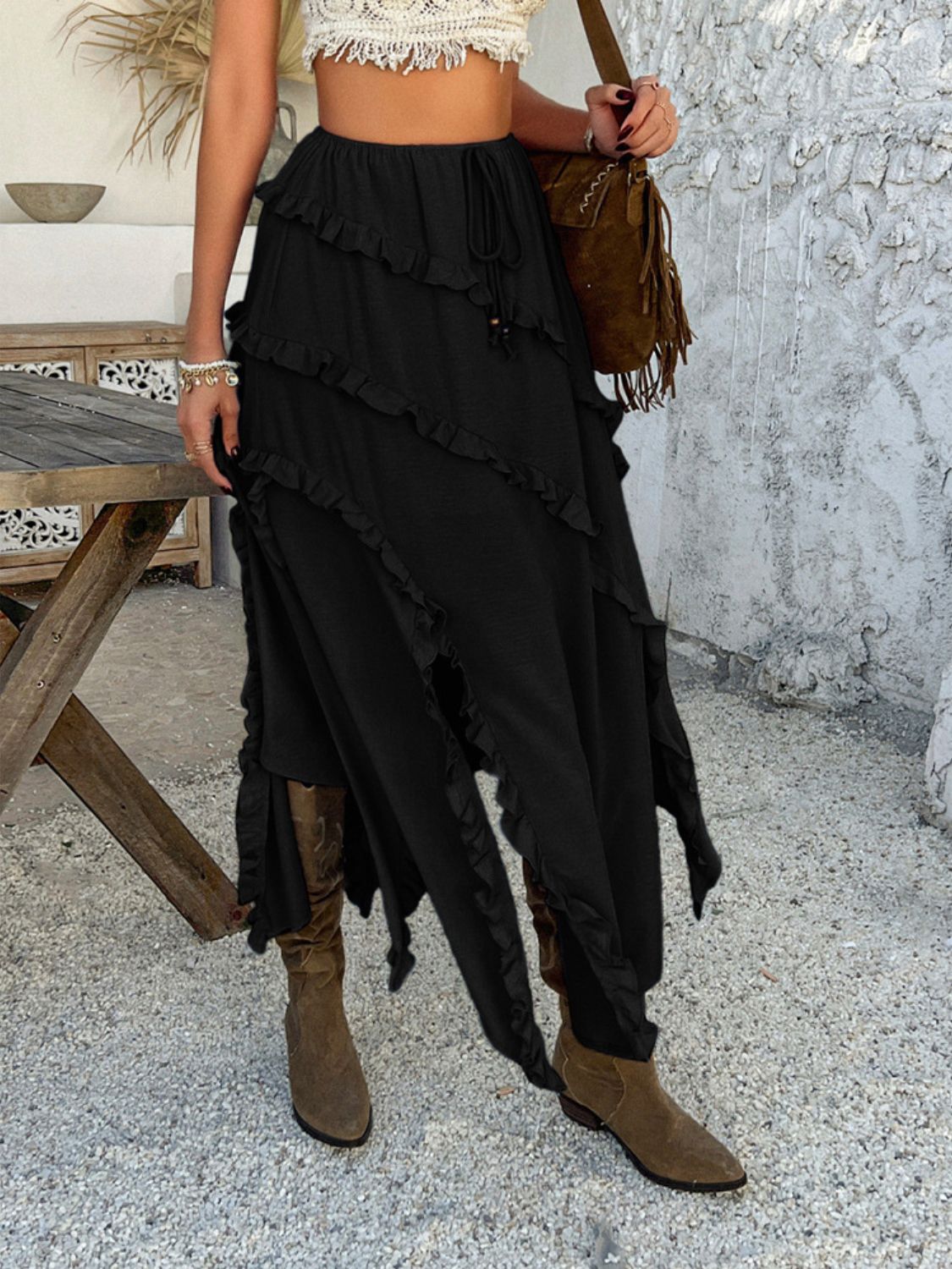 Devine Slit Drawstring Ruffled Skirt - -
