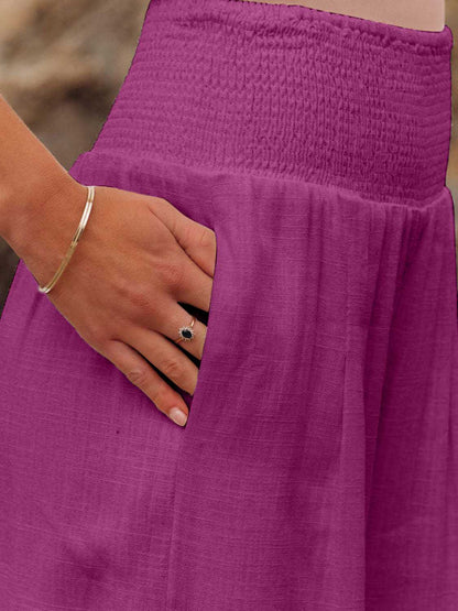 Full Size Smocked Waist Wide Leg Pants - -