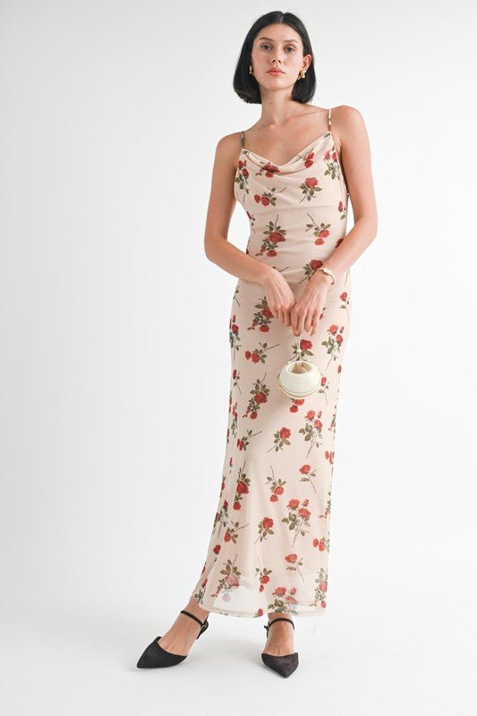 Cowl Neck Open Back Maxi Dress – Statement Style - NATURAL RED FLORAL -