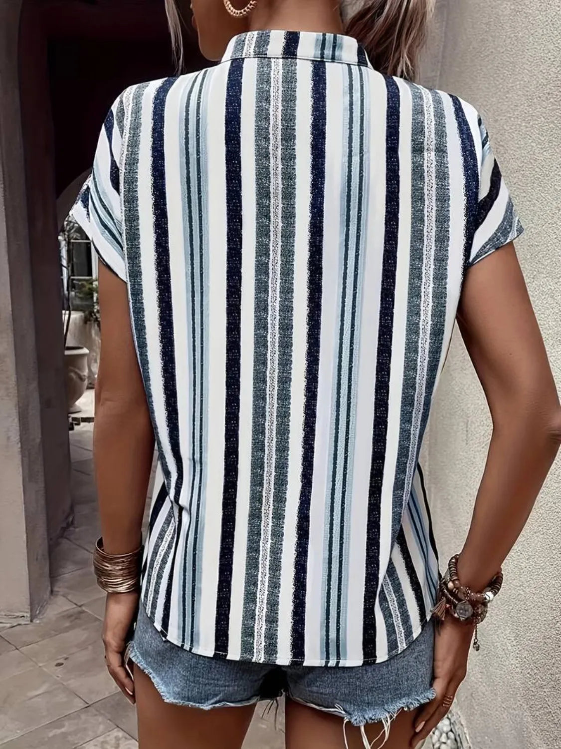 Striped Notched Short Sleeve Shirt - -