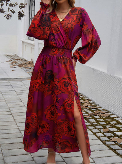 Devine Split Printed Surplice Long Sleeve Midi Dress - -