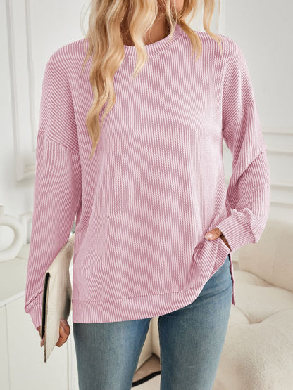 Lovelet Slit Round Neck Long Sleeve Sweatshirt