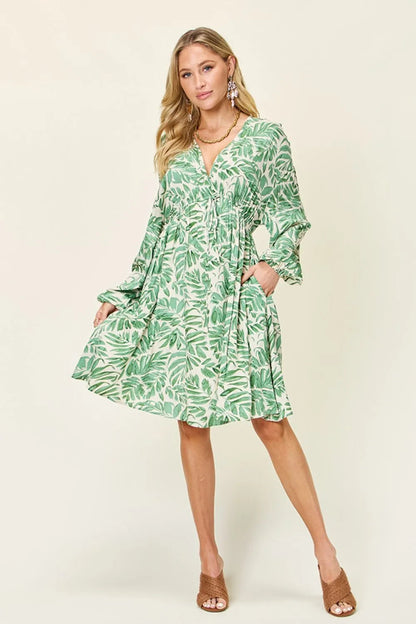 Double Take Full Size Printed Ruched Balloon Sleeve Dress – | Shannon’s Chique Boutique