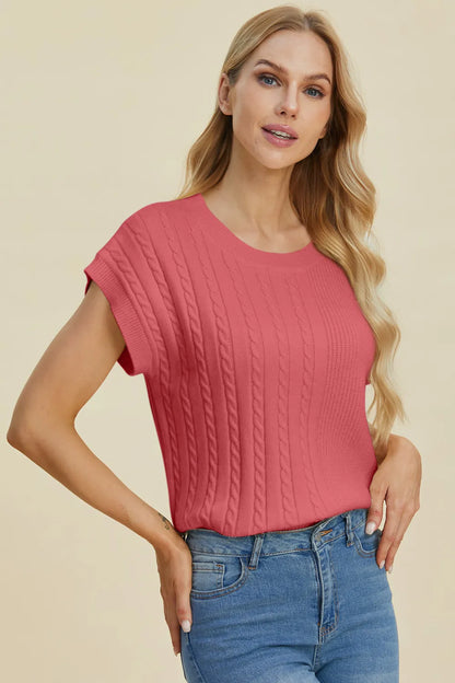 Double Take Full Size Cable-Knit Round Neck Short Sleeve Sweater - -
