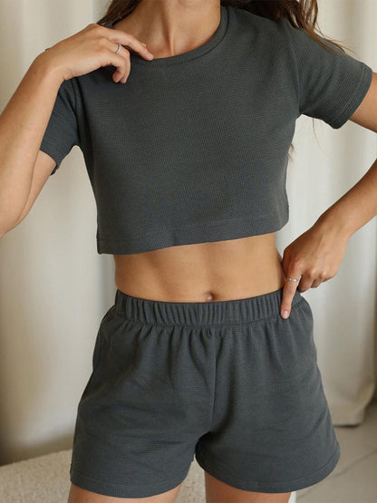 3-Piece Waffle-Knit Lounge Set – Cardigan, Tee & Shorts - -