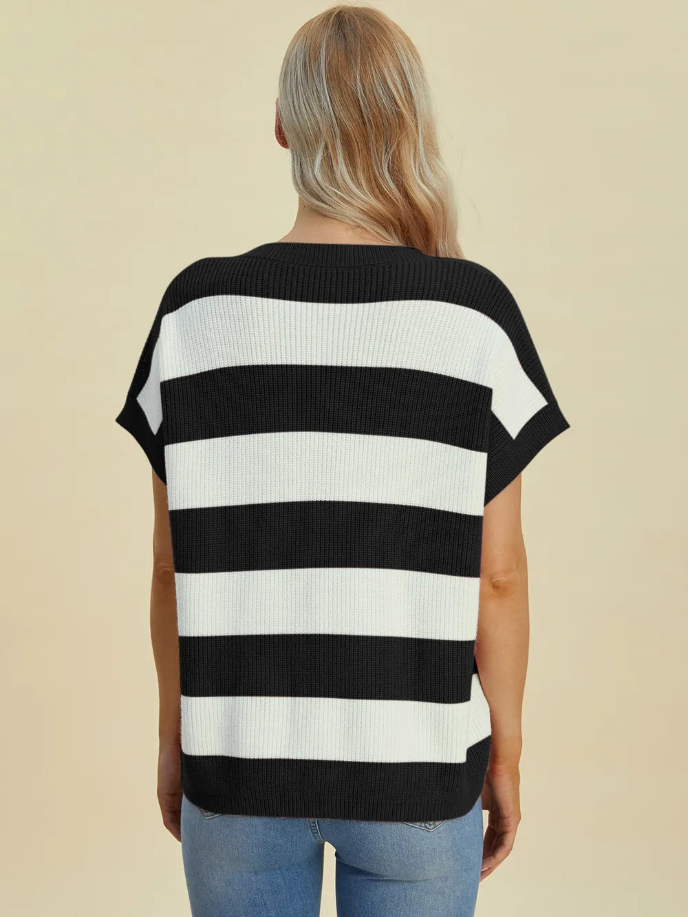 Double Take Full Size Striped V-Neck Short Sleeve Sweater - -