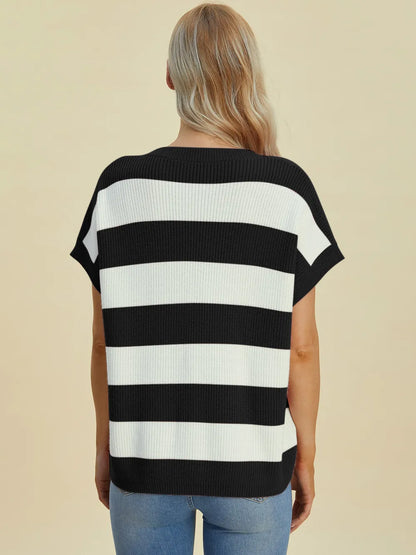 Double Take Full Size Striped V-Neck Short Sleeve Sweater - -