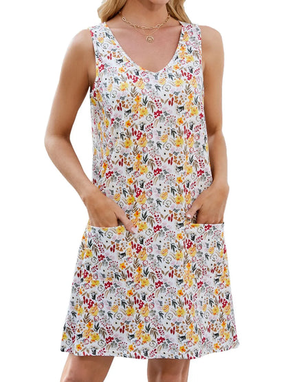 Printed V-Neck Sleeveless Mini Dress with Pockets - Floral -