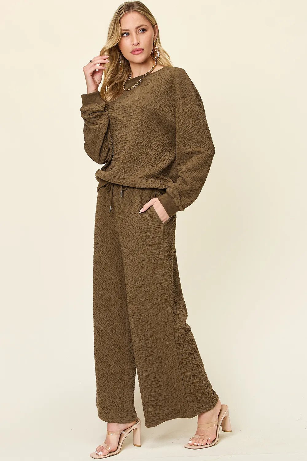 Double Take Full Size Texture Long Sleeve Top and Pants Set - -