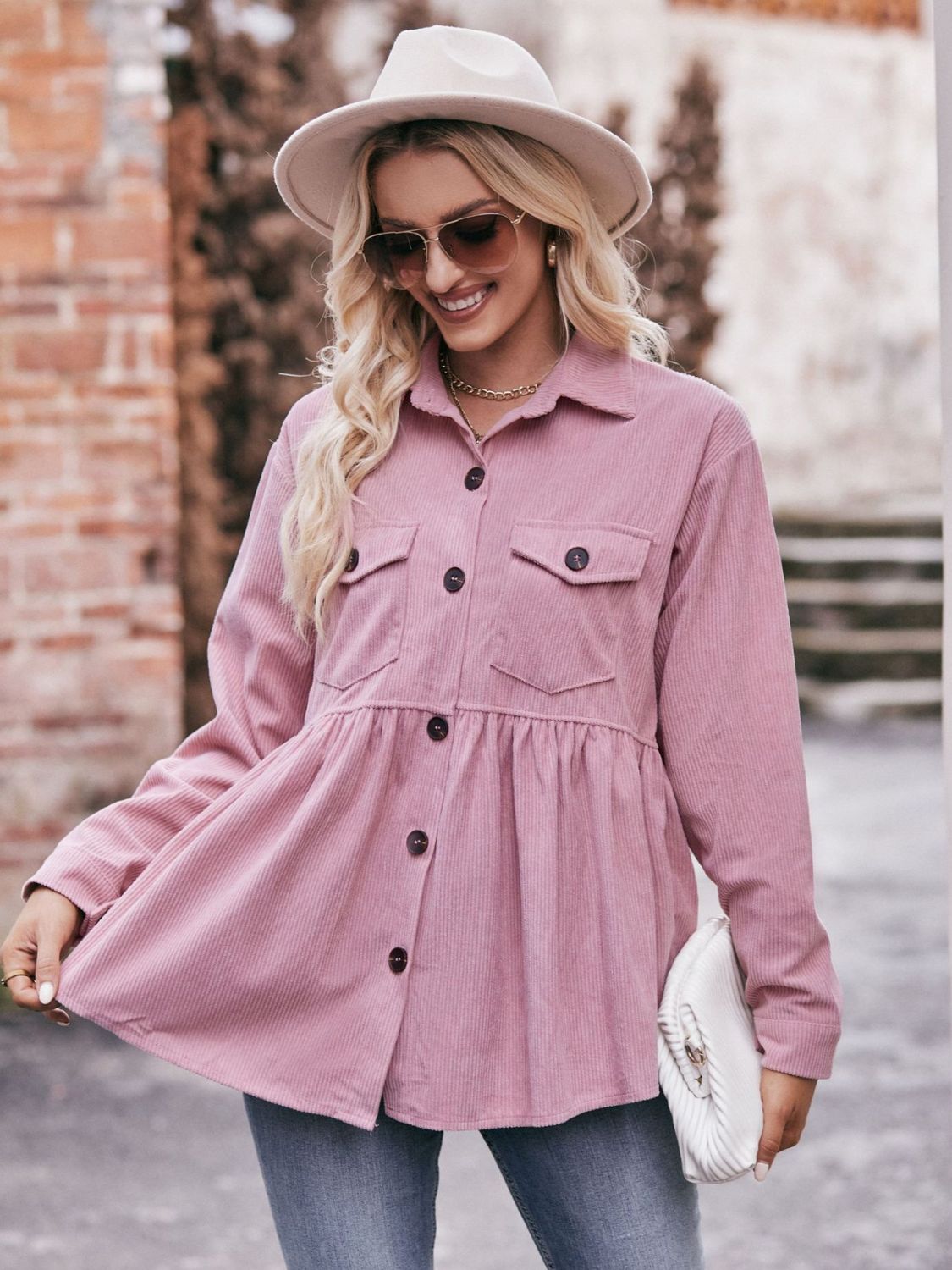 Mandy Collared Neck Long Sleeve Shirt - Pink Purple -