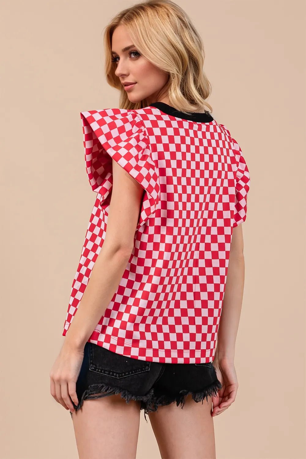 Oh Checkered Round Neck Puff Sleeve Blouse - -