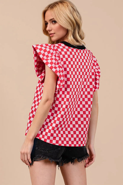 Oh Checkered Round Neck Puff Sleeve Blouse - -