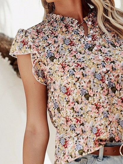 Red Boho Floral Frilled Button Neck Ruffle Blouse - -