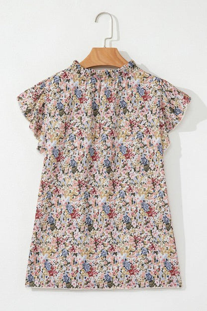 Red Boho Floral Frilled Button Neck Ruffle Blouse – | Shannon’s Chique Boutique