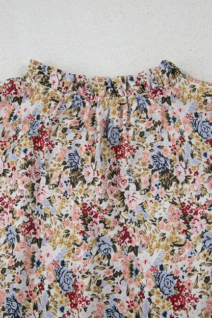 Red Boho Floral Frilled Button Neck Ruffle Blouse - -