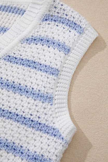 Cotton Blue Striped V Neck Button Knit Vest – | Shannon’s Chique Boutique