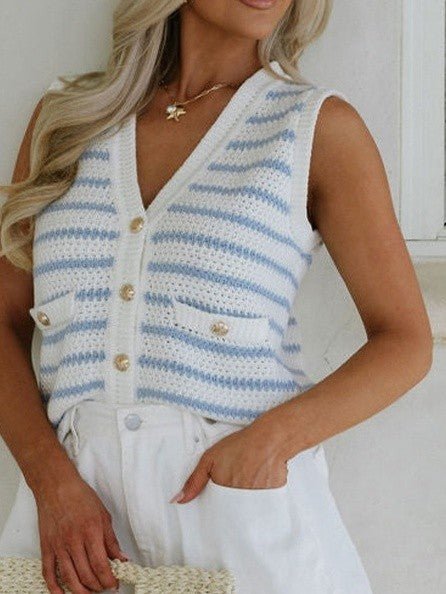 Cotton Blue Striped V Neck Button Knit Vest – | Shannon’s Chique Boutique