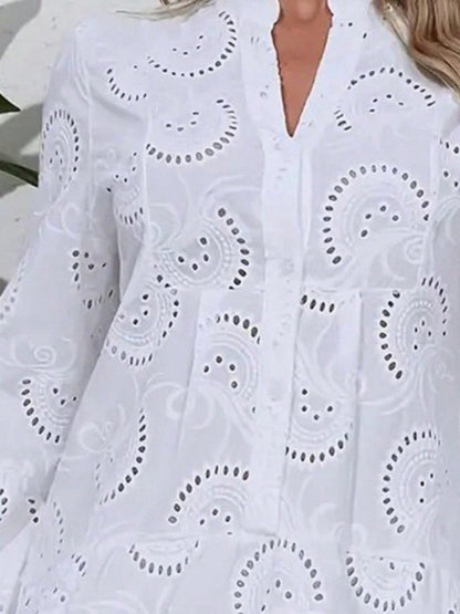Cotton Embroidered Hollow Tiered Button Dress – | Shannon’s Chique Boutique