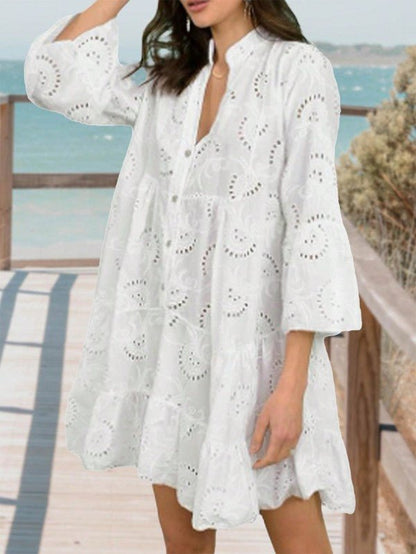 Cotton Embroidered Hollow Tiered Button Dress - White -