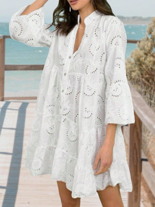 Cotton Embroidered Hollow Tiered Button Dress - White -