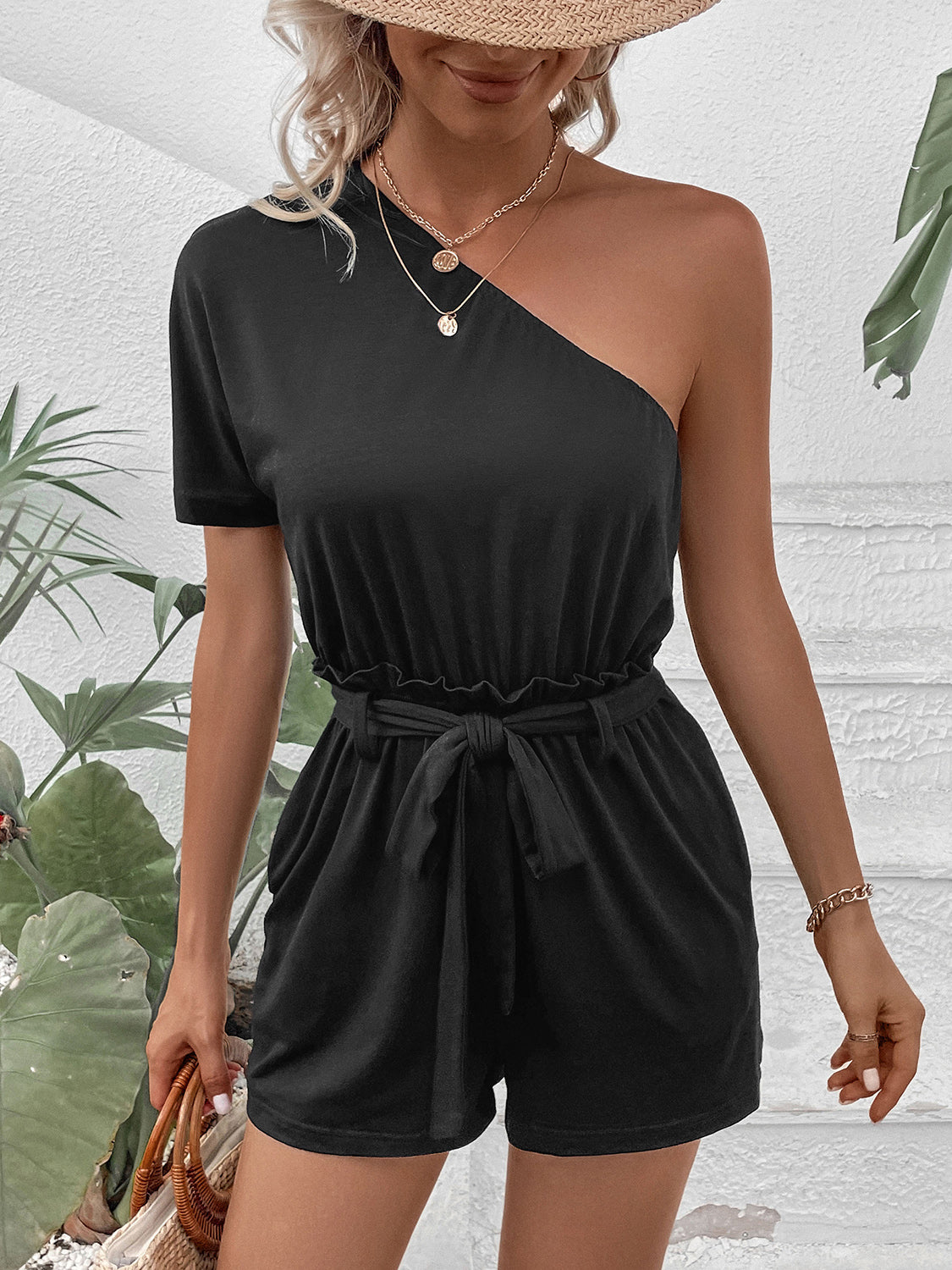 Single Shoulder Tie Waist Romper