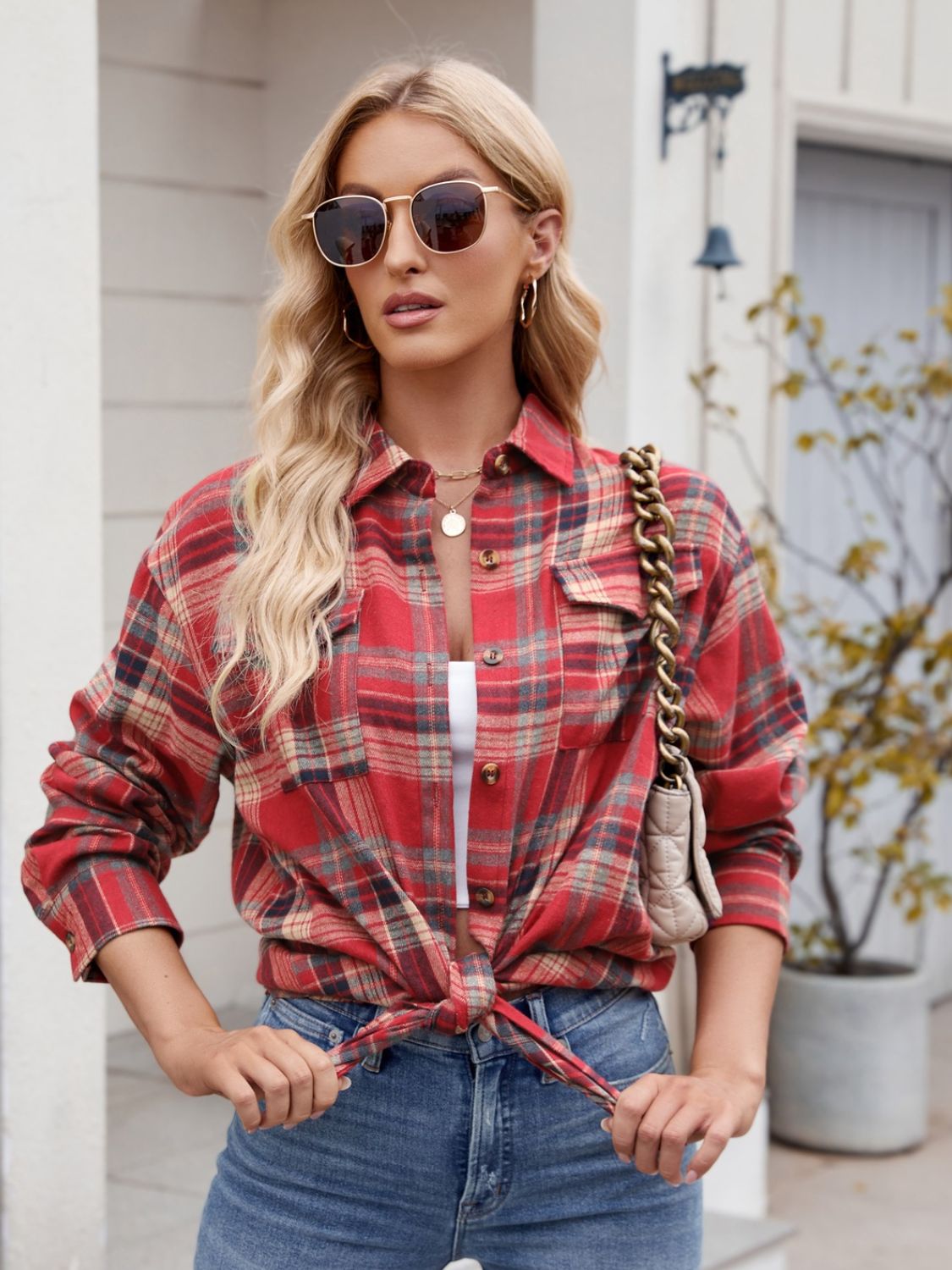 Mandy Plaid Button Up Long Sleeve Shirt - -
