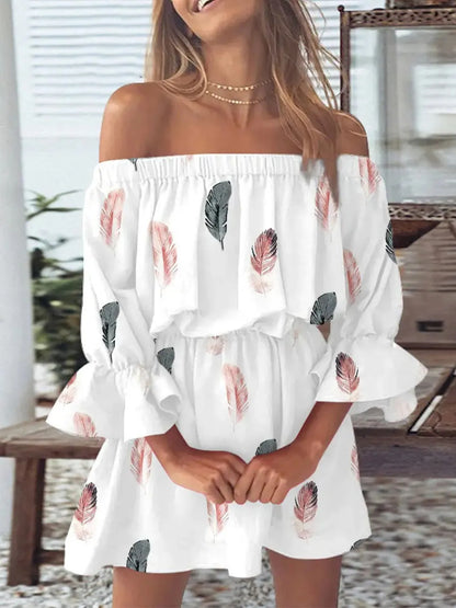 Full Size Floral Off-Shoulder Flounce Sleeve Mini Dress Plus Size - -